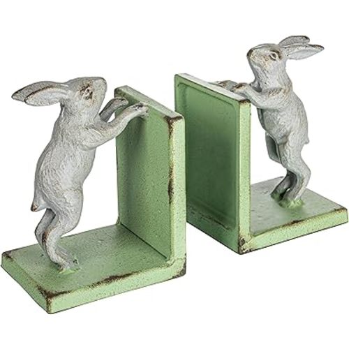 Creative Co-Op Decorative 2-Tone Cast Metal Rabbit Bookends, Green and Grey, Set of 2