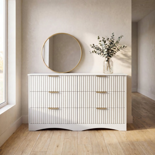 Gracie Oaks 6 Drawer Fluted Dresser, Wide Chest of Drawers with Gold Handles, Modern Wooden Storage Dresser Cabinet with Smooth Silent Drawer Slides, Large Capacity Organizer for Bedroom Living Room | Wayfair
