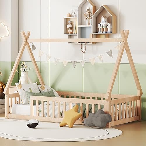 Floor Bed for Kids, Twin Size Teepee Tent Beds, Montessori Floor Bed with Slats and Fence Rails, Wood House Bed Frame for Boys Girls, Natural