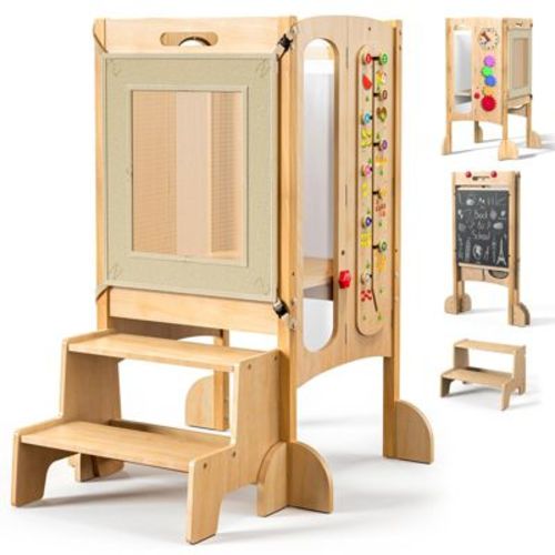 KOLIGEY Foldable Toddler Tower, Kitchen Stool Helper, Toddler Standing Tower for Kids with Safety Net, Adjustable Height