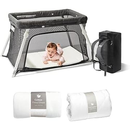 Guava Lotus Travel Crib Bundle: Cotton + Quilted Sheet, and Mattress | Play Yard with Lightweight Backpack Design | Certified Baby Safe Portable Crib | Folding Portable Playpen for Babies & Toddlers