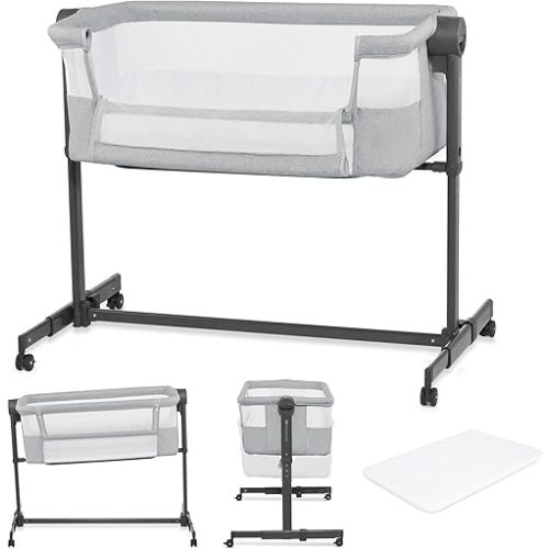 Kinderkraft Neste UP2 Bedside Crib 2 in 1, Co-Sleeper from Birth, Travel Crib for Newborn, Adjustable Height, Included Mattress Sheet, with 4 Wheels, Breathable Mesh, Gray