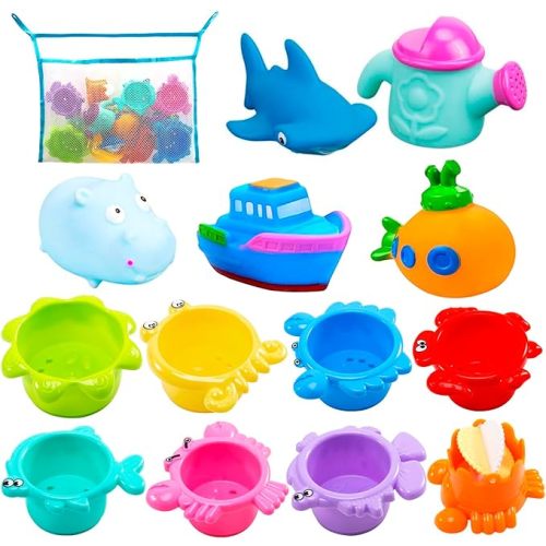 INNOCHEER Baby Bath Toys for Water Table, Toddler Water Toys with Mold Free Bath Toys Stacking Cups, Quick Dry Organizer Net, 13 Pcs Water Table Toys for Toddlers Bathtub Game, Beach and Pool Party - 13PCS Bath Toys