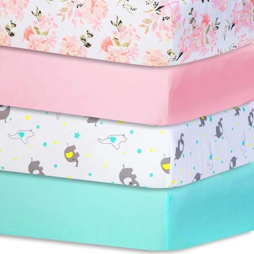 Bimocosy Crib Sheets 4pk, Size 28"x 52" for Standard Crib and Toddler Mattresses, Breathable Microfiber Crib Mattress Sheet, Floral/Ele/Pink/Green
