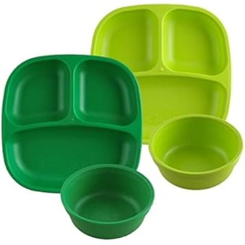 Re-Play Made in USA 4pk Starter Dining Set of 2 Divided Plates with 2 Matching Bowls in Kelly and Lime Green - Made from Environmentally Friendly Heavyweight Recycled Milk Jugs