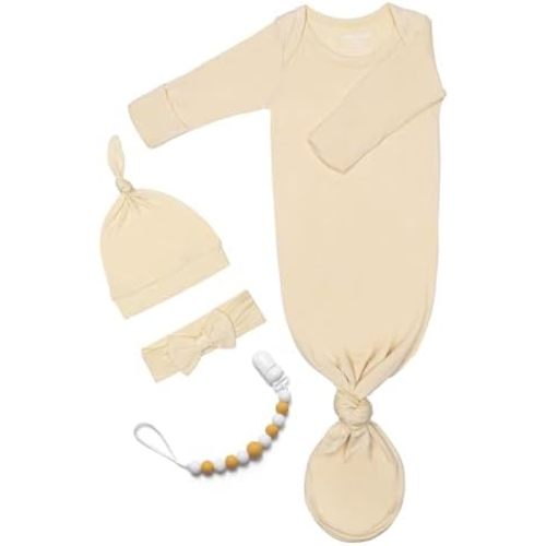 Newborn Baby Knotted Gown, Super Soft Silky Infant Long Sleeve Sleeper with Mittens and Hat & Bowknot Set (Extra Long)
