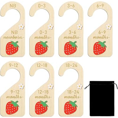 R HORSE 3D Wooden Baby Closet Dividers - 8Pcs Strawberry Baby Closet Organizer, Double-sided Newborn Clothes Size Hanger Dividers Nursery Decor Birthday Gift for Boys Girls, 0-24 Months