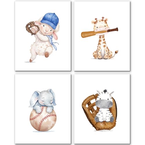JINYO Baseball Animal Nursery Wall Art Prints Set of 4, Baseball Room Decor, Sports Sheep Giraffe Elephant Zebra Wall Decor Posters Pictures for Boys Kids Bedroom Playroom, 8x10 Unframed