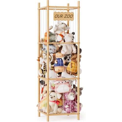 SpaceAid Stuffed Animal Storage Organizer, Wood Animals Zoo Toy Plushies Storage Holder, Large Capacity Plush Toy Cage for Playroom Organization, 15.8" Wide, Natural