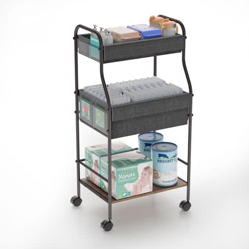 Cathyeen 3-Tier Baby Diaper Caddy Cart with Dividers, Rolling Baby Diaper Caddy Organizer and Storage Nursery Cart, Large Capacity Metal Baby Organizer Bedside Cart for Baby Essentials (Black)