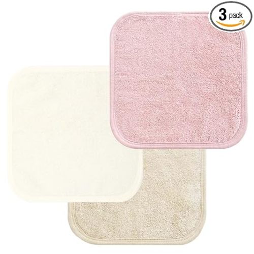 LifeTree 3 Pack Baby Washcloths for Newborn, 100% Cotton Face Towels for Babies, Infant, Toddler and Kids, Thick,Soft and Absorbent, 10.2 * 10.2 Inches, Newborn Essentials-Khaki, White, Pink