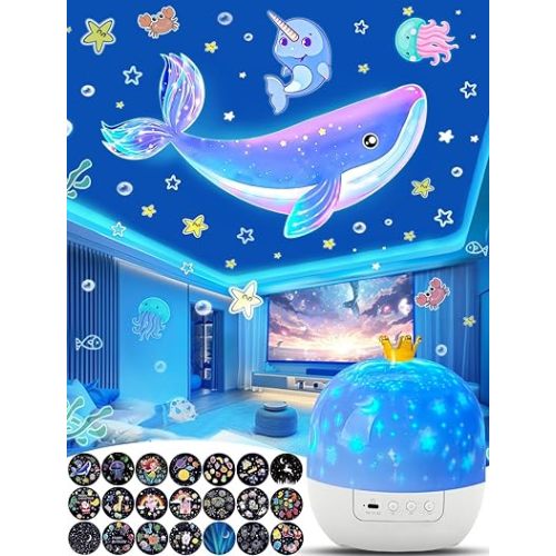 Projector Night Light for Kids + 21 Sets of Films, Kids Night Light Projector for Bedroom, Ceiling, Star Galaxy Projector with 360° Rotation, Dimmable for Baby Girls, Christmas, Nursery, Room Decor