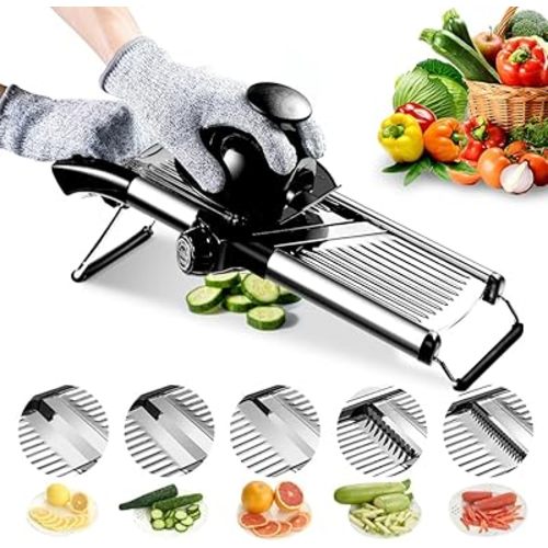 Mandoline Food Slicer, Adjustable Mandoline Slicer for Kitchen, Stainless Steel Mandolin Vegetable Chopper for Potato/Tomato/Onion, Vegetable Slicer Julienne Cutter with Cut-Resistant Gloves