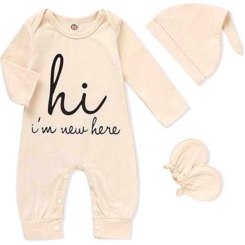 GRNSHTS Newborn Baby Boy Romper Coming Home Outfits Letter Print Bodysuit Jumpsuit+Hat+Gloves 3PCS Clothes Set