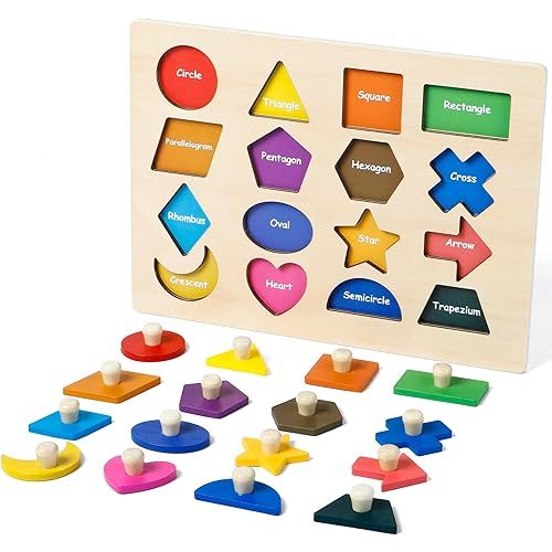 Shape Puzzles Wooden Puzzles for Toddlers, Peg Puzzle Educational Shape Sorter Toys Wooden Shape Board Puzzles, Preschool Learning Educational Toy for Baby Girls Boys