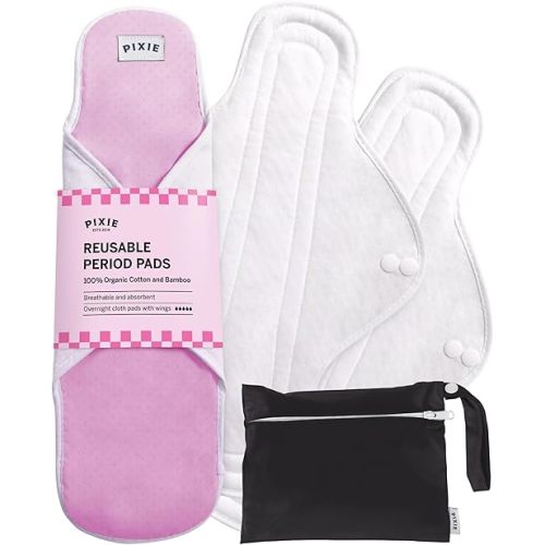Pixie Cotton Cloth Pads - 100% Organic Reusable Cotton -Ranked 1 for Softest Menstrual Sanitary Napkins - Machine Washable & Includes Free Wet Bag - Menstrual Liner (Overnight)