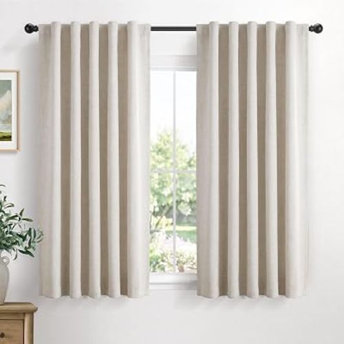 Linen Total Blackout Curtains for Bedroom Living Room 63 Inch, Cream