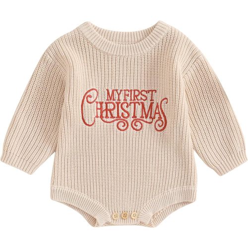 Adobabirl My First Christmas Baby Outfit Girl Boy Christmas Sweater Bubble Romper Long Sleeve Jumpsuit Fall Winter Outfit (First Christmas-Beige, 0-3 Months)