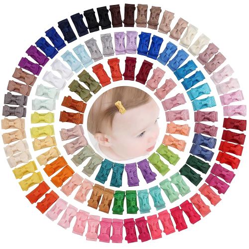 CÉLLOT Hair Clip, 120pcs Baby Girls Grosgrain Ribbon 1.2" Mini Bow Snap Clips, 60 Colors for Infant Toddlers Fine Thin Hair in Pairs