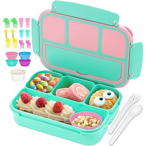 QQKO Bento Box for Kids Adults, School Toddler Lunch Box for Boys Girls, Lunch Box Containers with 4 Compartments, Sauce Container, Utensils, Food Picks and Muffin Cups for School, Pink Green