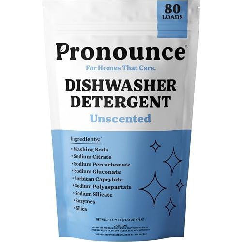 Pronounce Dishwasher Detergent - Cleaner Ingredients, Fragrance Free - Ultra Concentrated Dish Soap, Cuts Grease and Grime, Dishwasher Pods Alternative (Residue-Free). (80 Loads, Unscented)