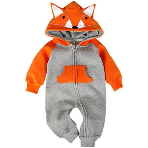 Hooded Fleece Romper for Baby Girls Boys Cartoon Animal Fox Jumpsuit