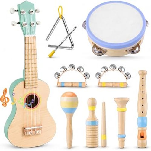 Kids Guitar Set for Toddlers 1-3, 8 in 1 Wooden Montessori Musical Instruments Set with Ukulele, Tambourine, Maracas, Flute, Educational Music Toys, Preschool Learning Toy Gift for Boys Girls