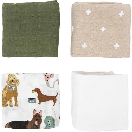 Little Unicorn Cotton Muslin Squares 4 Pack | Nursing, Burping, Feeding, Wiping, Spills | Super Soft and Lightweight Blanket for Baby Boys and Girls | 27.5” x 27.5” | Woof Set