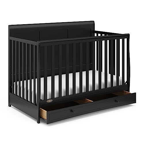 Graco Asheville 5-in-1 Convertible Crib with Drawer (Black) – GREENGUARD Gold Certified, Crib with Drawer Combo, Full-Size Nursery Storage Drawer, Converts to Toddler Bed, Daybed and Full-Size Bed