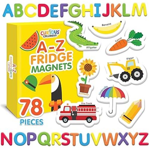 Curious Columbus Magnetic Objects and Letters. Set of 78 Foam Magnets Including 52 Pictures and 26 Uppercase Alphabet Magnets from A-Z. Educational Toy for Preschool Learning