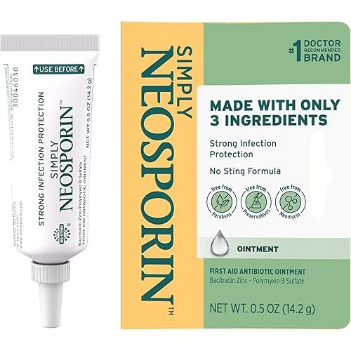 Neosporin Simply Formula 3-Ingredient First Aid Antibiotic Ointment and Wound Care Treatment with Bacitracin Zinc and Polymyxin B Sulfate, Preservative-, Paraben- and Neomycin-Free, 0.5 oz