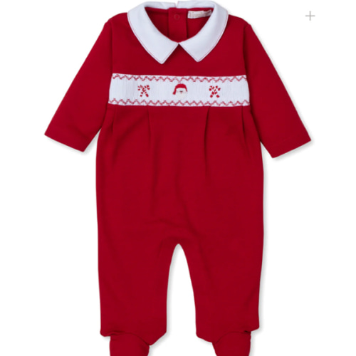 Size: Newborn - CLB Holiday Medley 24 Hand Smocked Santa Collar Footie