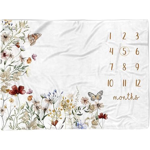Honestchi Baby Monthly Milestone Blanket for Girls, 40"x50" Wildflower Newborn Photo Props, 12 Month Growth Chart