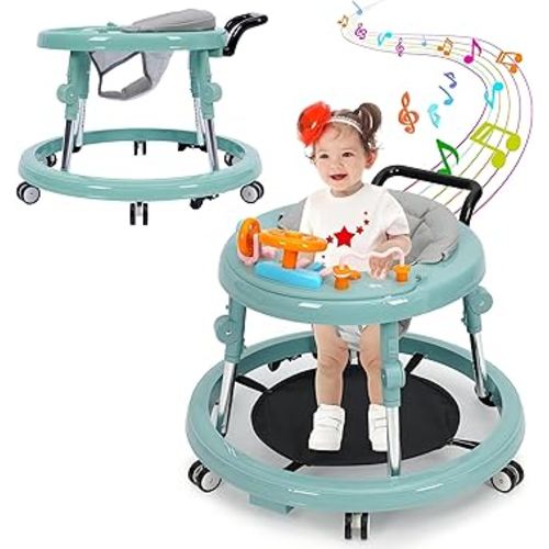 Music and Lights Baby Walker Foldable with 9 Adjustable Heights, Baby Walker with Wheels Portable, Baby Walkers and Activity Center for Boys Girls Babies 7-18 Months