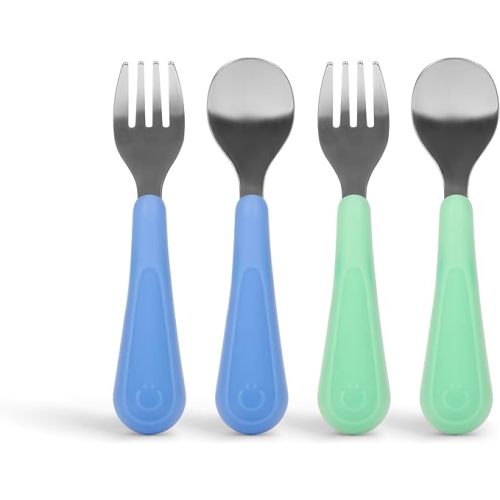 Ubbi Toddler Stainless Steel Fork & Spoon Set, 4-Pack – Silicone Easy-Grip Handles, Kids Self-Feeding Utensils, Baby-Led Weaning Essentials, Dishwasher Safe, Polaris Blue & Sugar Snap Green
