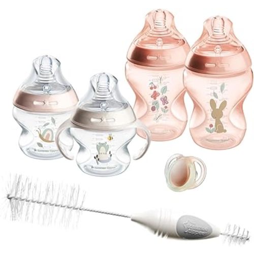 Tommee Tippee Natural Start Baby's First BPA Free Bottle 8 Piece Set, 2 x 5oz and 2 x 9oz Anti-Colic Bottles, Slow and Medium Flow Nipples, 0-6 Month Pacifier, Pink