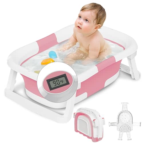 napei Collapsible Baby Bathtub,Baby Bath Tub with Soft Cushion & Thermometer,Baby Bathtub Newborn to Toddler 0-36 Months,Portable Travel Baby Tub
