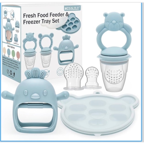 3 Pack Baby Fruit Food Feeder & Freezer Tray Set and Silicone Teething Toy for Babies, BPA Free Infant Teething Relief Toy for 3+ Months, Additional Silicone Sacs