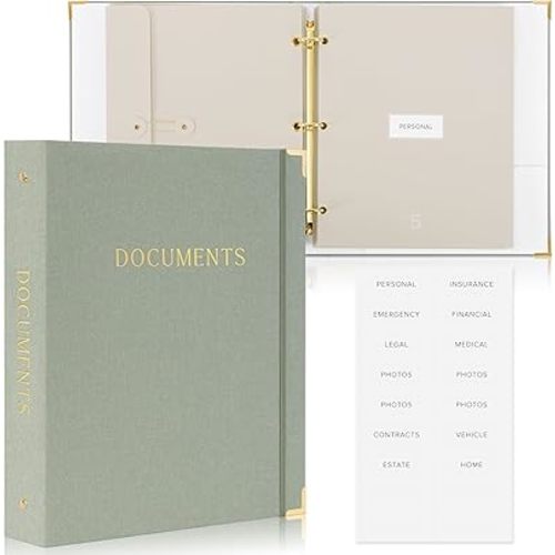 Sturdy Document Organizer Set with Folders - Beautiful Linen 3-Ring Binder Safely Stores All Important Documents & Files in One Place - Easy to Use Expanding Storage Incl. Envelopes, Pockets & Labels