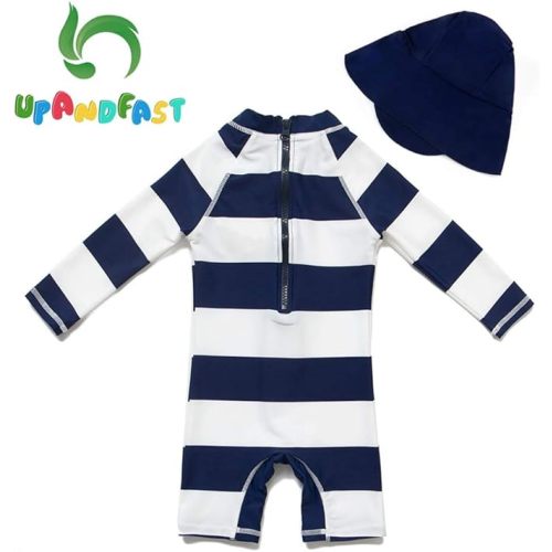 upandfast Baby/Toddler Swimsuit UPF 50+ Sun Protection One Piece Zipper Bathing Suit with Sun Hat Infant Beach Swimwear - Stripe(ls) - 3-6 Months