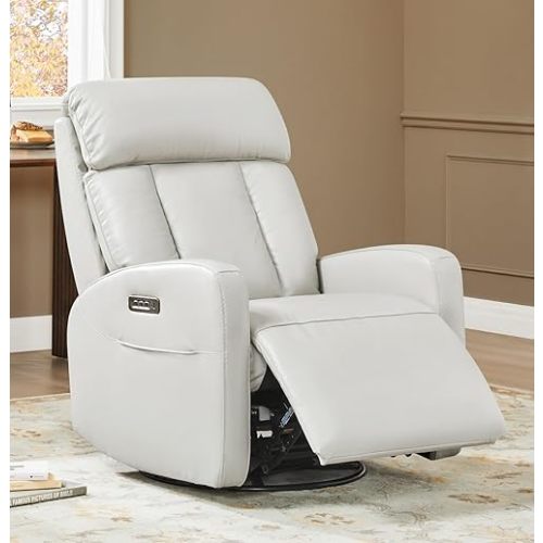 CHITA Leather Power Swivel Recliner Chair for Adults, Triple Motor Electric Rocker Recliner for Living Room with Adjustable Headrest and Lumbar Support, USB & Type-C Charging Ports, Light Grey