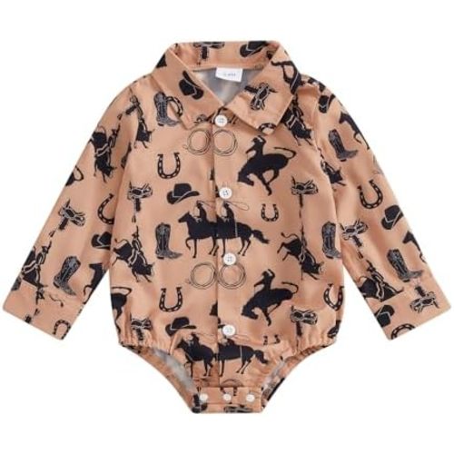 Newborn Western Baby Boy Outfits Country Cow Shirt Romper Short Sleeve Button Down Bodysuit Cowboy Summer Clothes