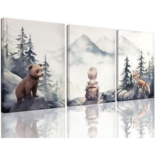 YOYIAXT Framed Woodland Animal Nursery Wall Art Framed Watercolor Forest Mountain Canvas Poster Print Set of 3 Nature Landscape Painting Decor Picture for kid's room Living Room Bedroom
