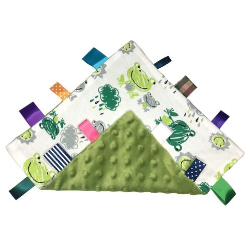 Baby Tags Blanket Soft Plush Sensory Toy Small Security Blanket with Colorful Tags Comfort Appease Towel Taggy Blanket Lovey Frog Minky Dot Blanket Great 9 x 9 inches- Green