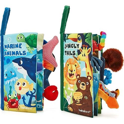 hahaland Baby Toys 0-6 Months - Crinkle Books for Babies 2PCS, Cloth Texture Tails Sensory Book 6-12 Months - Soft, Tummy Time, Montessori Toys 3 4 5 Month Newborn Twin Boys Gifts Travel Infant Toy