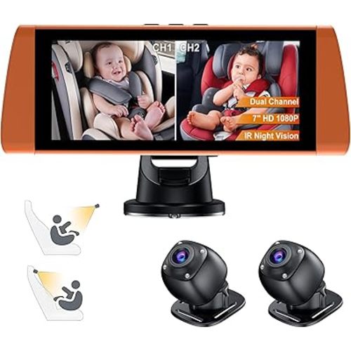 Baby Car Camera for 2 Kids - 7" Split Screen with Dual Carseat Camera - USB Plug and Play Easy Install - Safety Rear Facing Infant Back Seat Monitor with HD 1080P, Night Vision - Orange