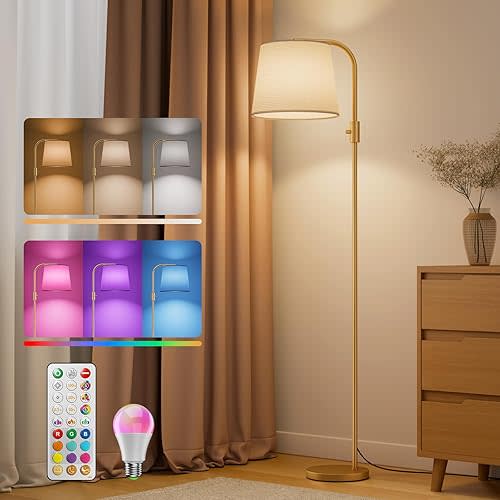 Dimmable Arc Floor Lamp, 1200 Lumens RGBCW Color Change Bulb Included, Standing Lamp with Linen Shade, 65" Tall Lamp with Remote for Living Room, Bedroom, Office, Dining Room, Kitchen, Gold