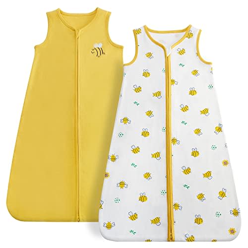 DaysU Baby Sleep Sack 12-18 Months 100% Cotton, Baby Unisex Wearable Blanket 2-Way Zipper TOG 0.5, Breathable Lightweight Baby Sleeping Bag 2 Pack, Toddler Sleep Sacks, Bee, Large