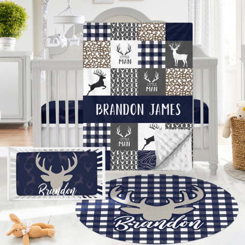 Kainsy Personalized Baby Crib Bedding Set - Custom Name Antler Pattern 3 Pcs Set - Soft Blanket with Double Layer Dotted Backing, Fitted Sheet, Room Rug for Newborns Boys Girls Shower Gift(30"x40")