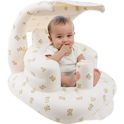 Inflatable Baby Seat with Canopy for Babies 3 Months & Up, Baby Floor Seats for Sitting Up, Baby Seats for Infants, Blow Up Baby Chair with Built in Air Pump - Bear